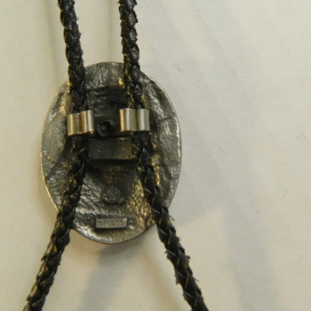 Vintage Bolo Tie Mens Brown Green Cowboy Horseback Enamel 1987 Western
